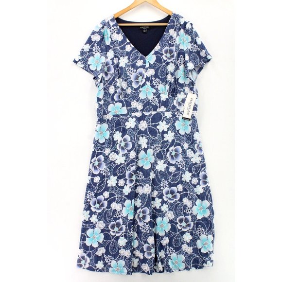 Perceptions New York Dress Womens Blue Floral Short Sleeve Denim/Turo V Neck 2XL - Picture 1 of 10